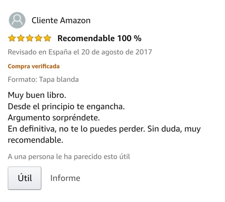 OPINIONES: Opinión 5 estrellas en Amazon de uno de los clientes de Amazon sobre el libro CAER de Javier de Frutos: "Recomendable 100%. Muy buen libro. Desde el principio engancha. Argumento sorprendente. En definitiva, no te lo puedes perder. Sin duda, muy recomendable."